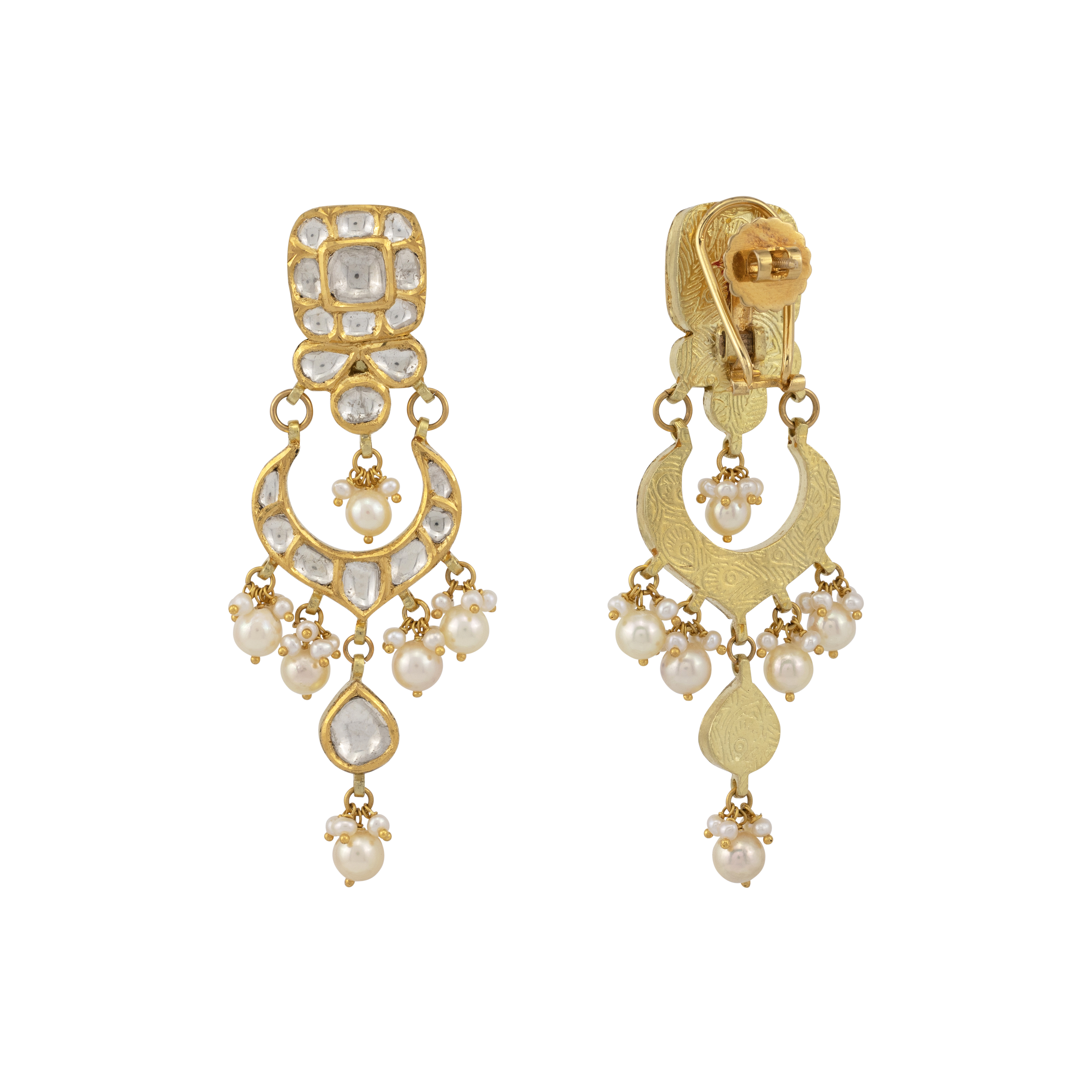 Crescent Polki Earrings with Pearl Drops and Square Diamonds